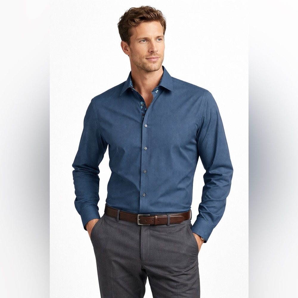 Ted Baker Men’s Blue Micro Check Dress Shirt Button Down 17.5 NWT Slim Fit